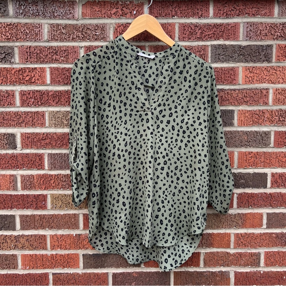 LUSH Olive Green and Black Cheetah Speckled Chiffon V neck Cuffed Sleeve Blouse